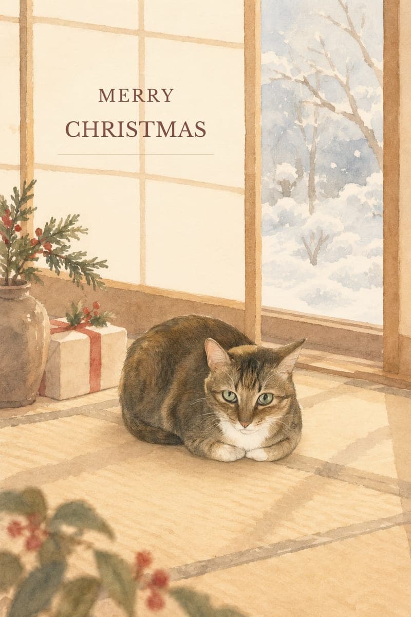 Watercolor Christmas card of a tabby cat resting by a snowy window, with Merry Christmas lettering