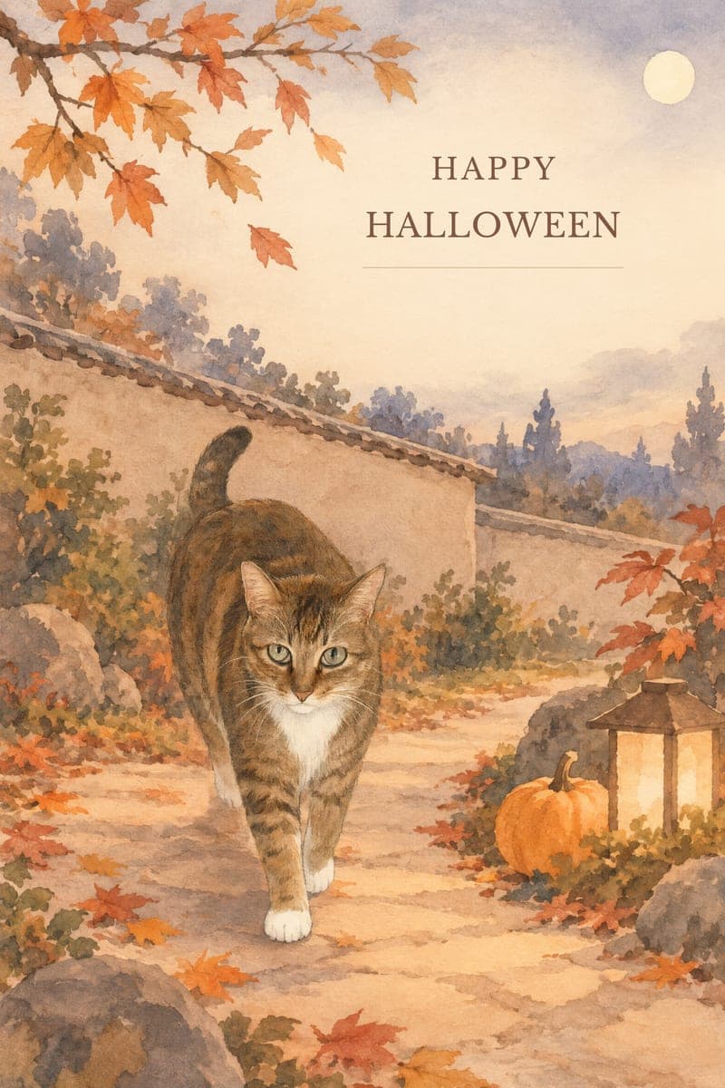 Watercolor Halloween card of a tabby cat walking down an autumn garden path, with Happy Halloween lettering