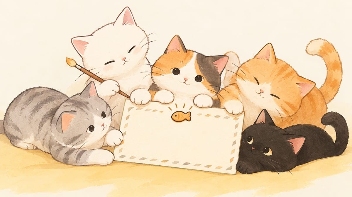 Five watercolor kittens gathered around a blank card, one holding a paintbrush