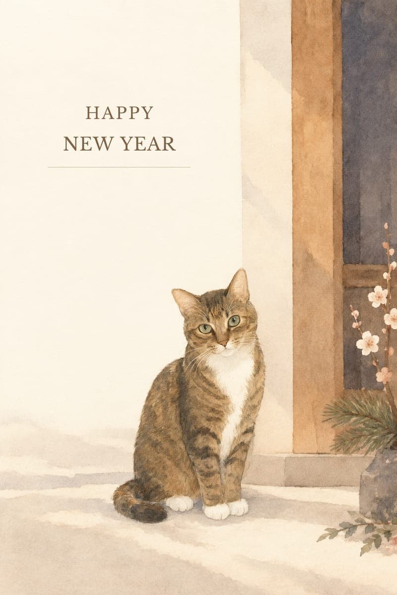 Watercolor New Year card of a tabby cat sitting by a doorway, with Happy New Year lettering