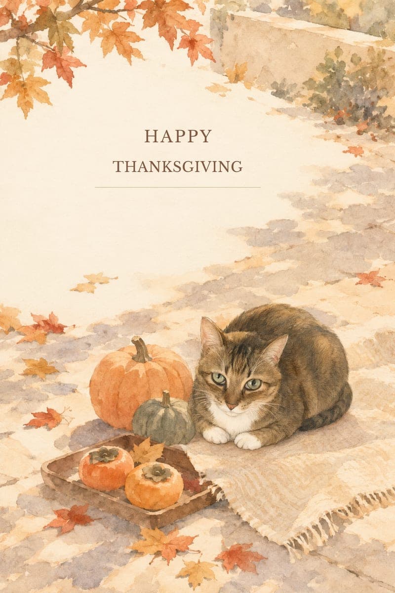 Watercolor Thanksgiving card of a tabby cat resting beside pumpkins, with Happy Thanksgiving lettering