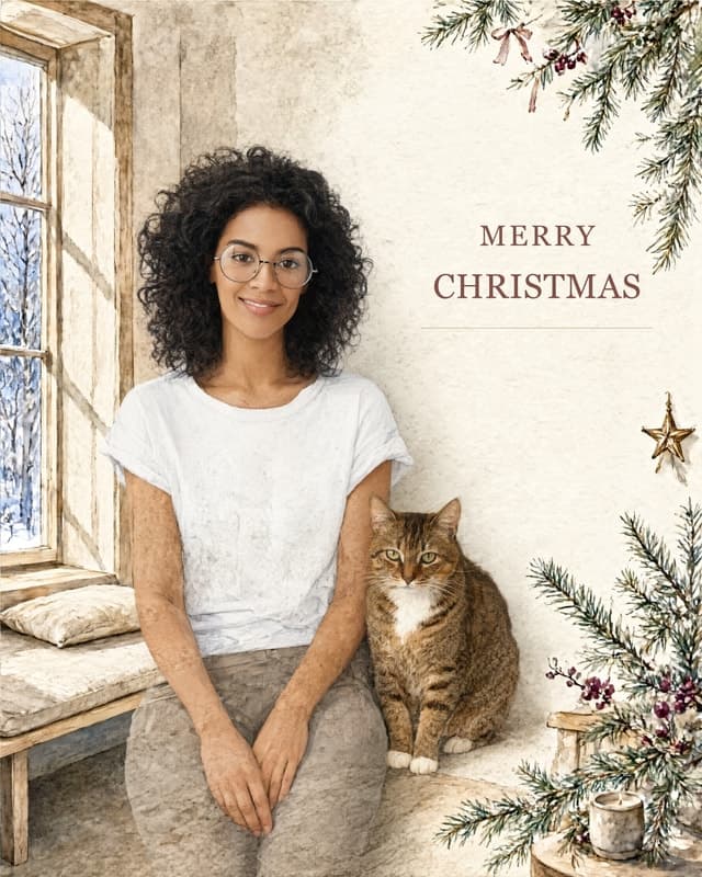 Christmas watercolor card of a woman and her cat, with Merry Christmas lettering