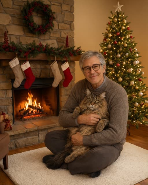 Sample portrait of a person and their cat: Holiday fireside