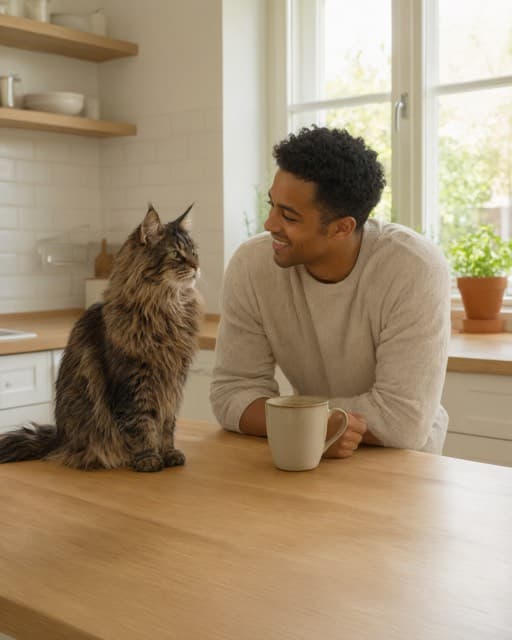 Sample portrait of a person and their cat: Morning coffee