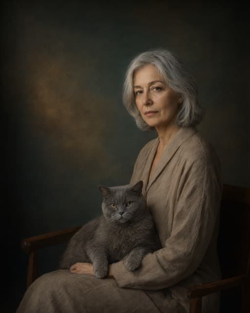 Sample portrait of a person and their cat: Fine-art painted backdrop
