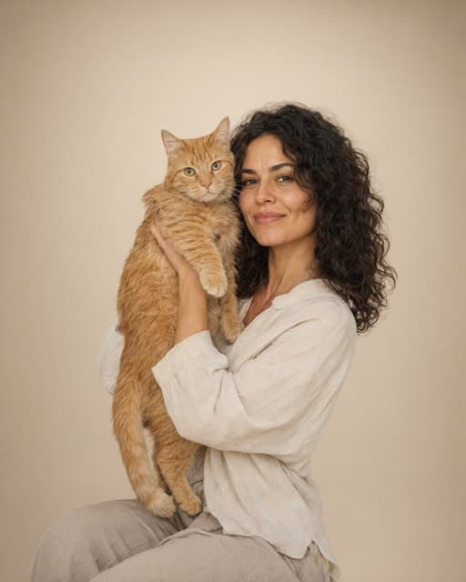 Sample portrait of a person and their cat: Soft studio