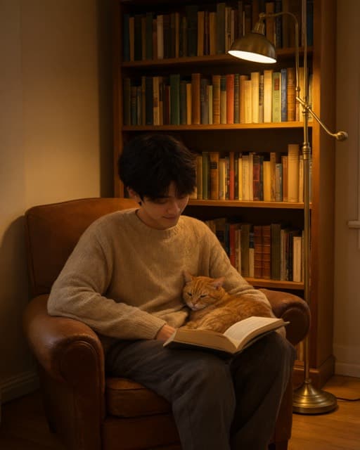 Sample portrait of a person and their cat: Reading nook