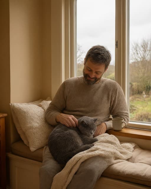 Sample portrait of a person and their cat: Window seat, warm colour