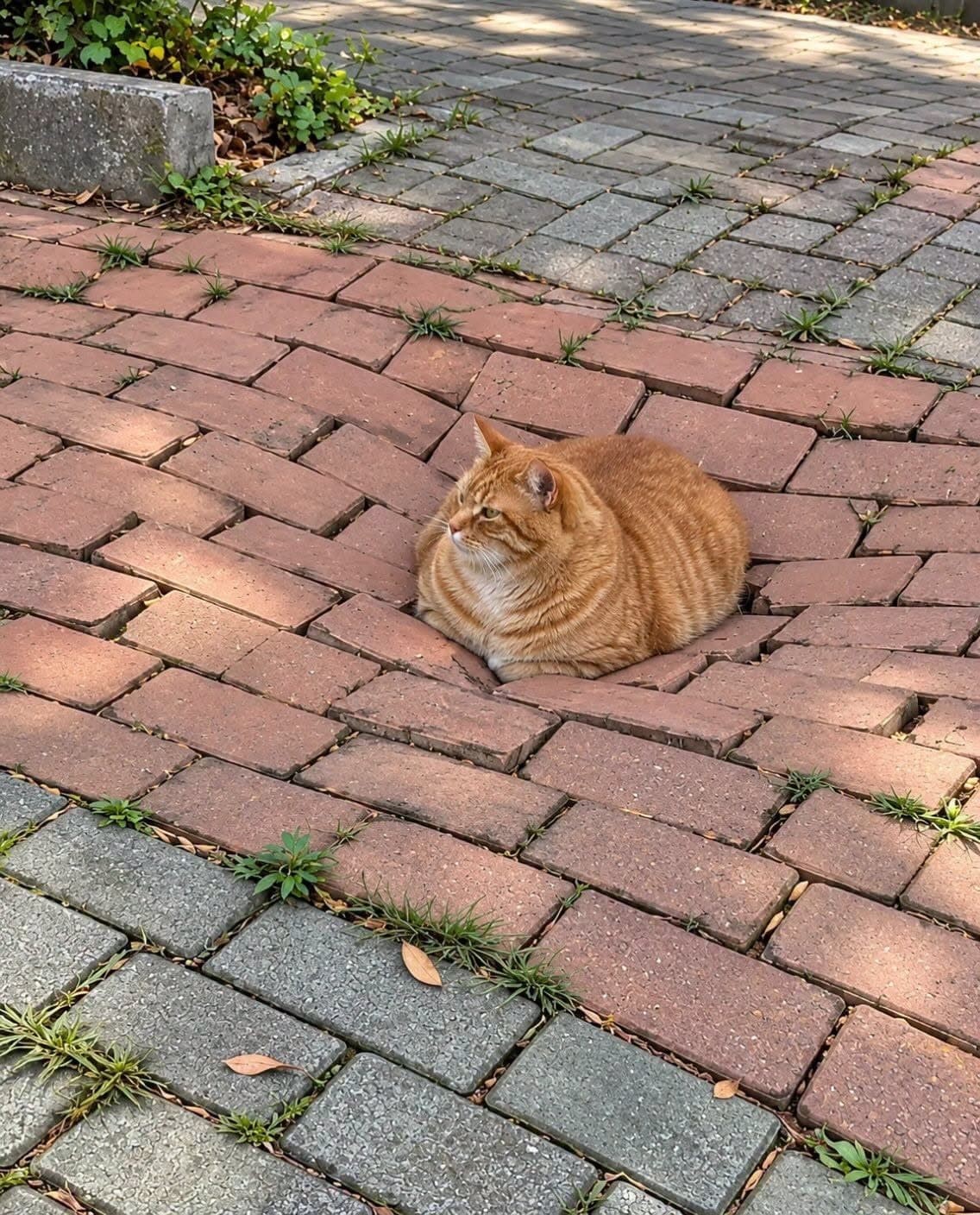 The cat sits on the red bricks where the sun hits first, because the grey…
